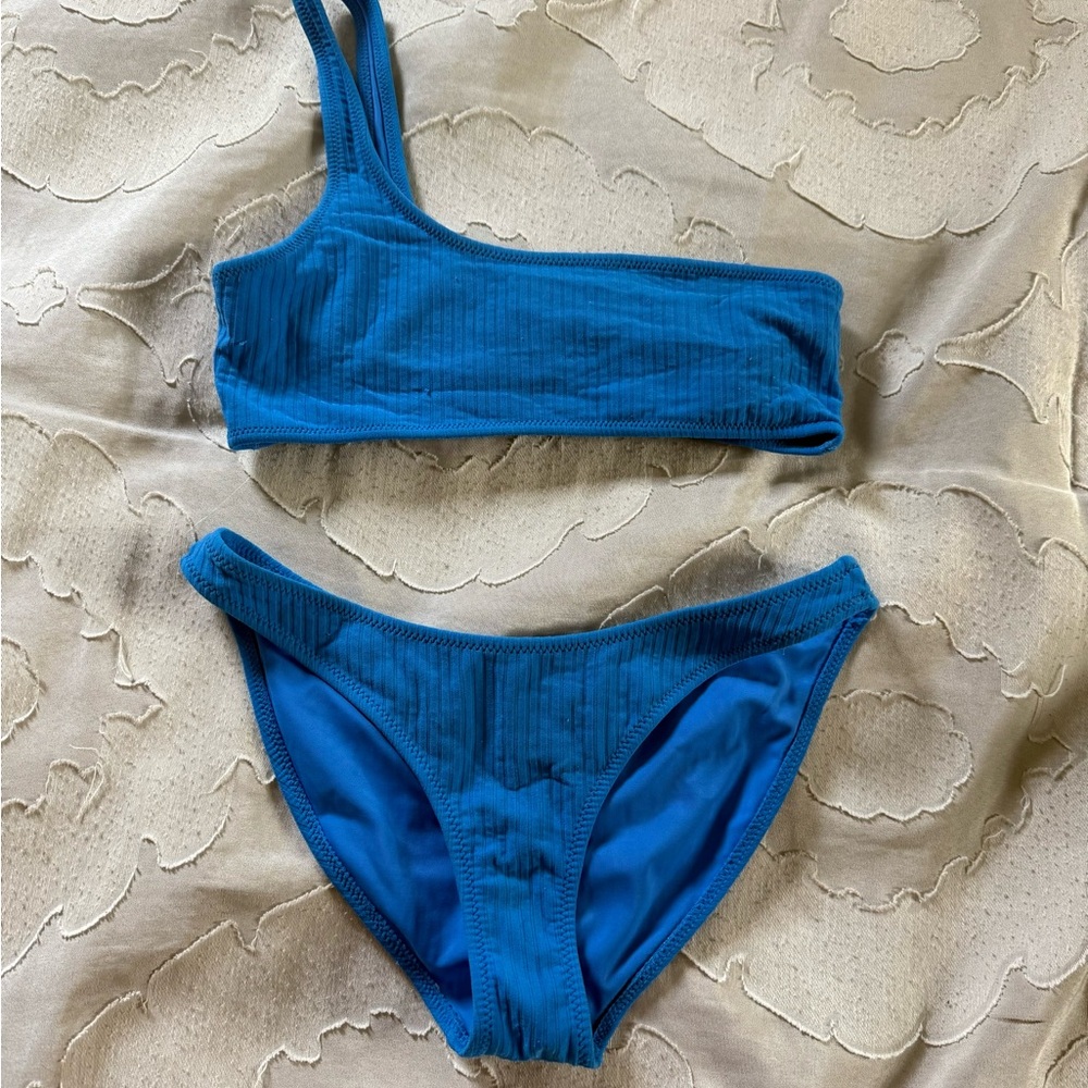 Triangl Swimwear Ribbed Blue One-Shoulder Bikini Set Size XS